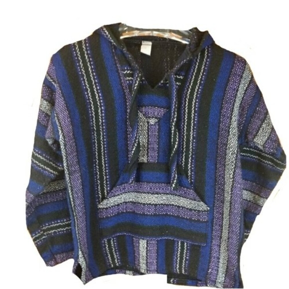 Molina Baja Mexican Blanket Hoodie Blue Purple Small Drug Rug